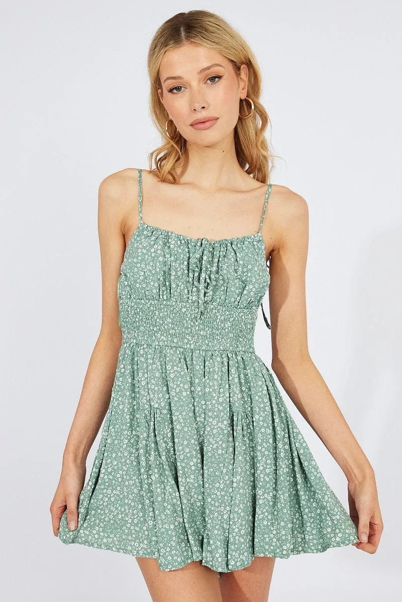 Green Ditsy Fit And Flare Playsuit Gathered Bust Sleeveless sold by Ally Fashion product image thumbnail 3