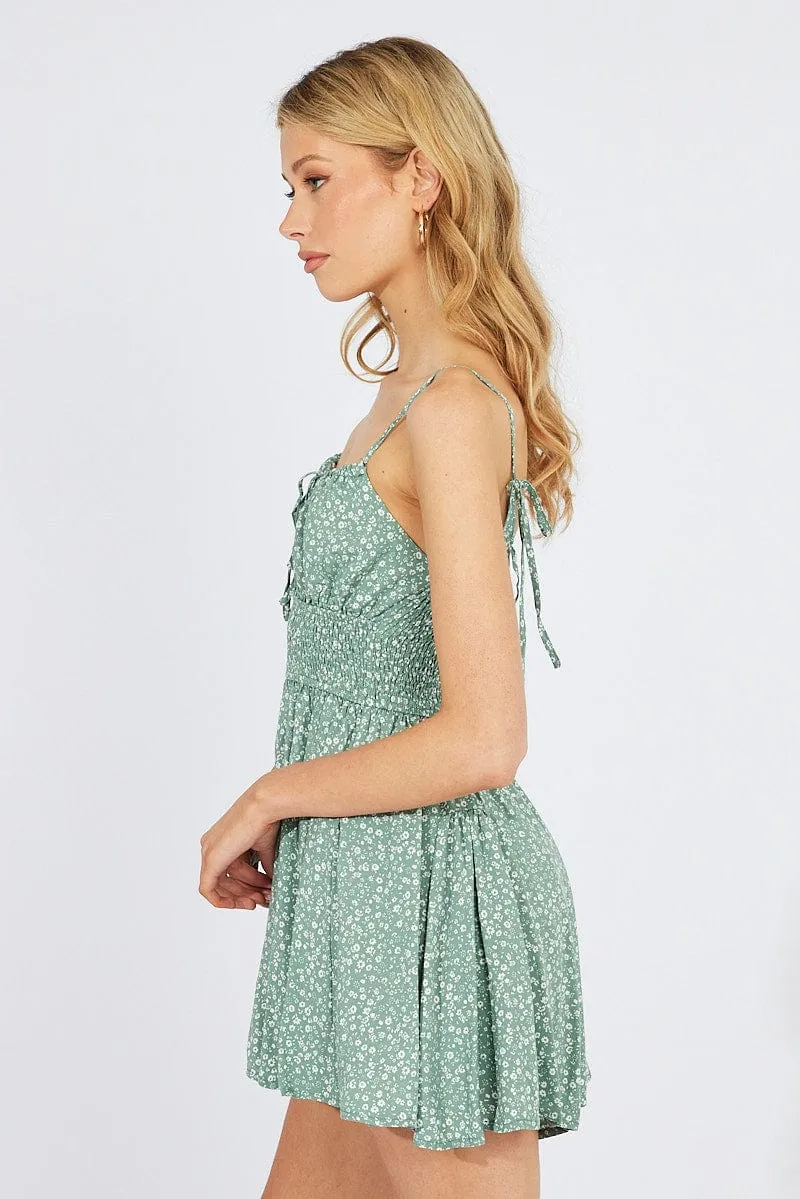 Green Ditsy Fit And Flare Playsuit Gathered Bust Sleeveless sold by Ally Fashion product image thumbnail 4
