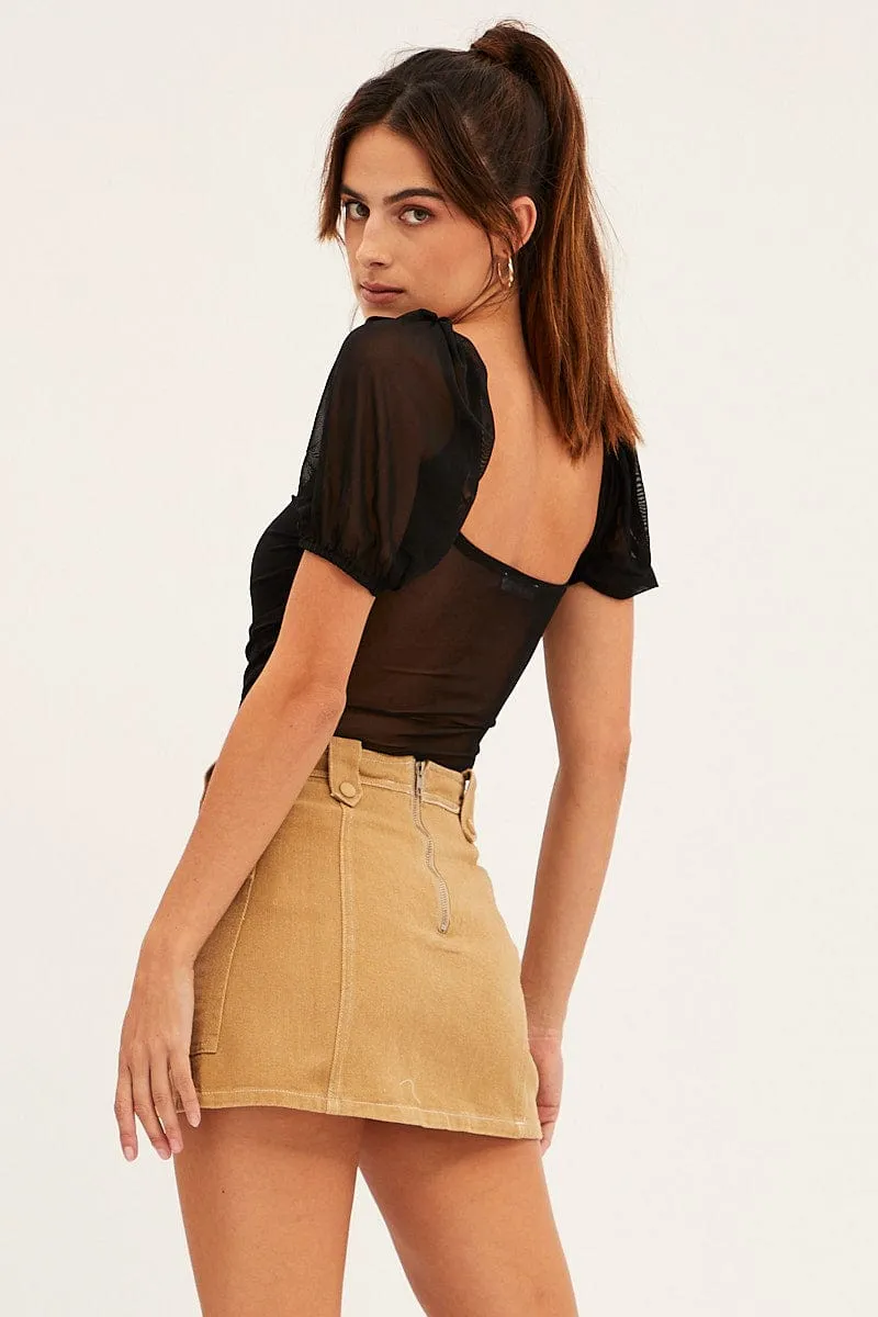 Black Mesh Bodysuit Puff Sleeve Ruched Bodice sold by Ally Fashion product image thumbnail 5