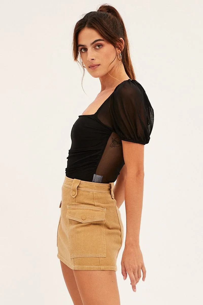 Black Mesh Bodysuit Puff Sleeve Ruched Bodice sold by Ally Fashion product image thumbnail 4