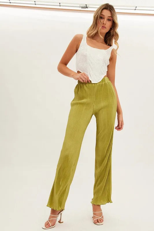 Green Plisse Pant Wide Leg Elastic Waist Lettuce Edge sold by Ally Fashion