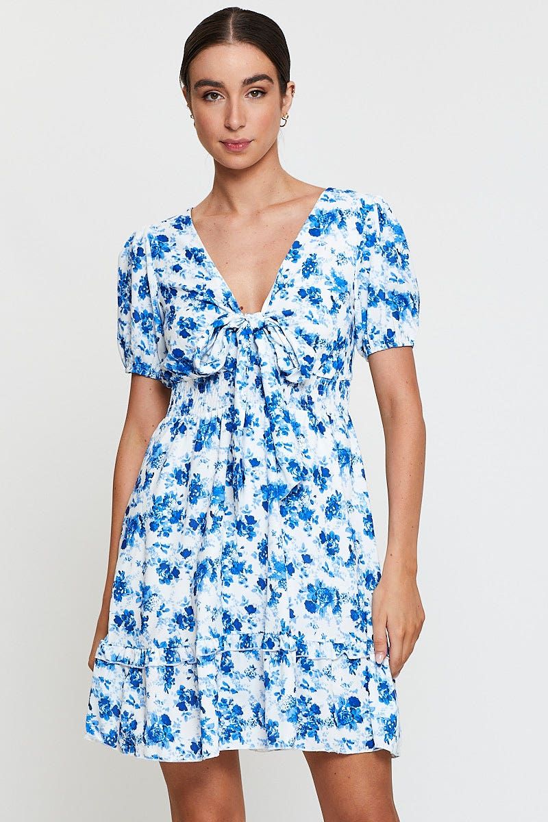 Print Mini Dress Short Sleeve V Neck Tie sold by Ally Fashion