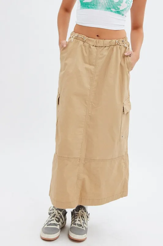 Beige Maxi Skirt Low Rise Cargo Parachute sold by Ally Fashion