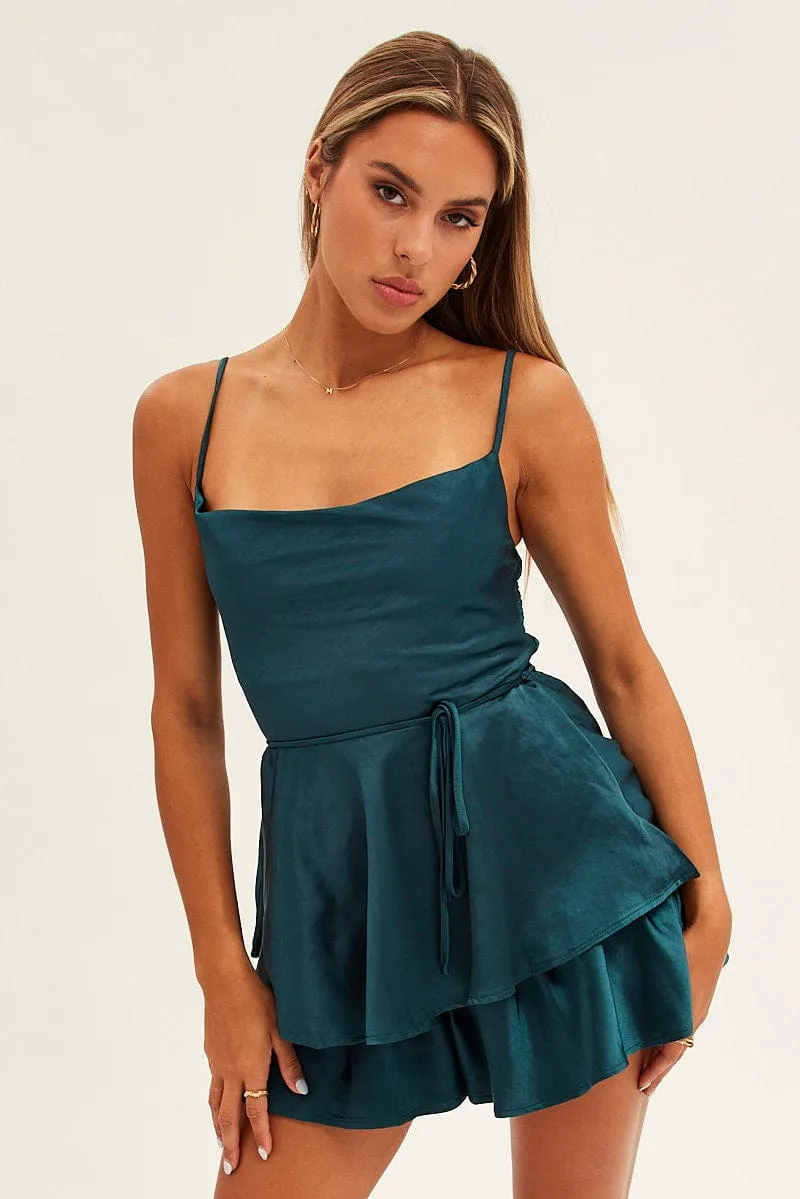 Green Satin Playsuit Sleeveless Cowl Neck sold by Ally Fashion product image thumbnail 3