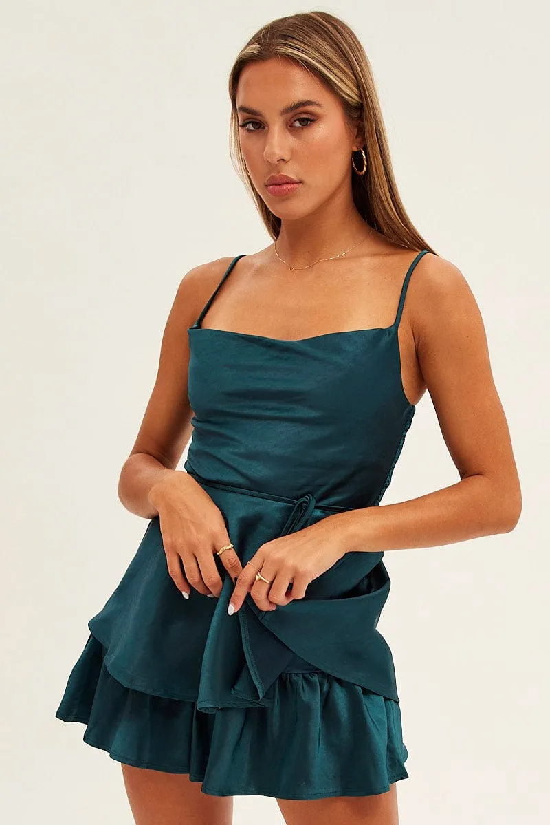 Green Satin Playsuit Sleeveless Cowl Neck sold by Ally Fashion