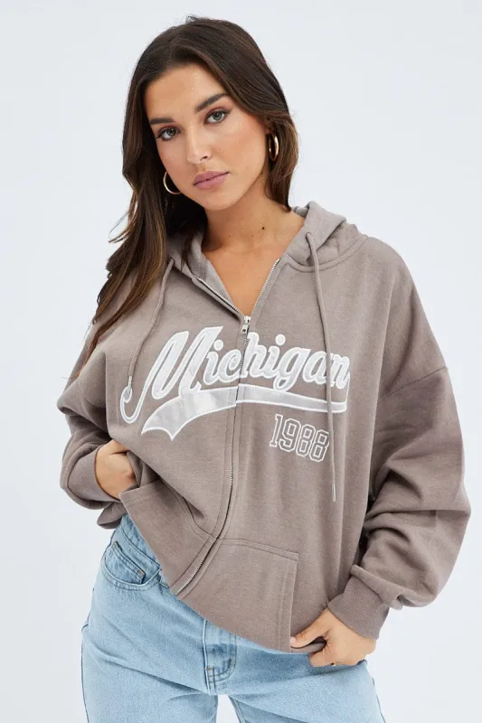 Brown Zip Hoodie Long Sleeve Graphic sold by Ally Fashion