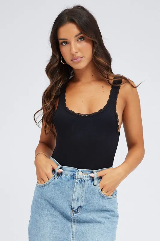 Black Tank Top Lace Trim Seamless sold by Ally Fashion