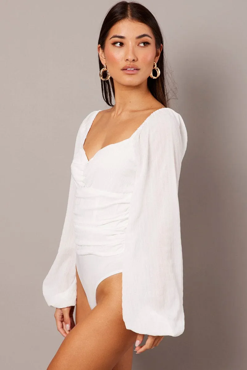 White Bodysuit Long Sleeve Ruched Textured sold by Ally Fashion product image thumbnail 4