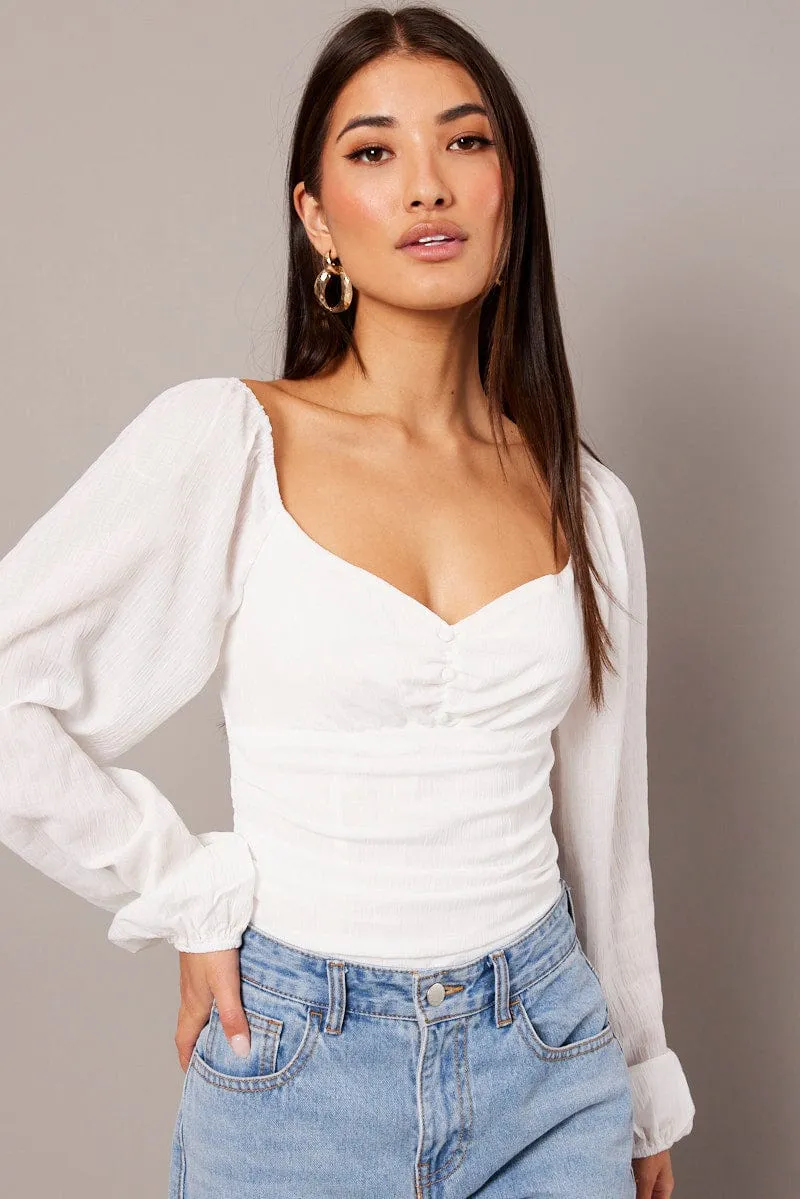 White Bodysuit Long Sleeve Ruched Textured sold by Ally Fashion