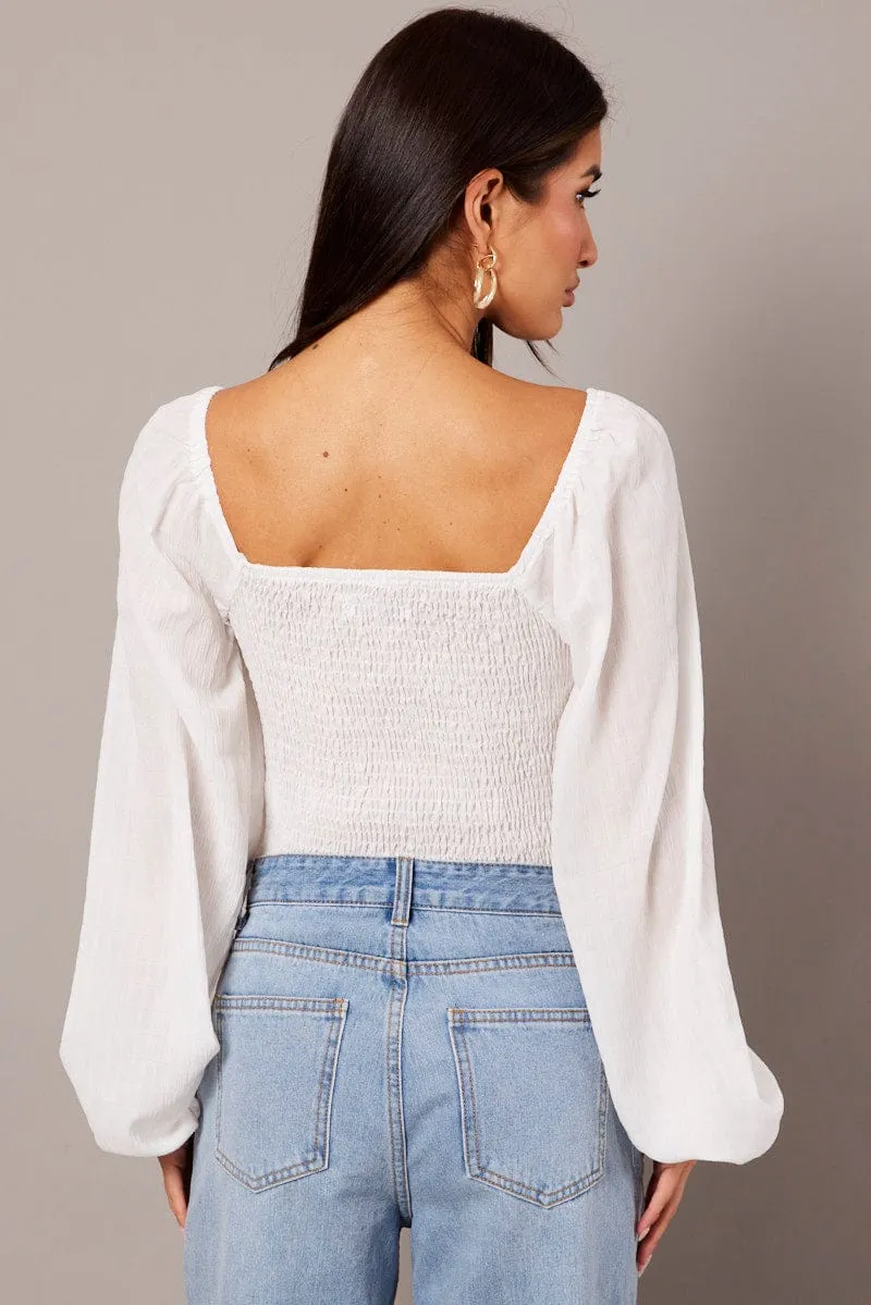 White Bodysuit Long Sleeve Ruched Textured sold by Ally Fashion product image thumbnail 5