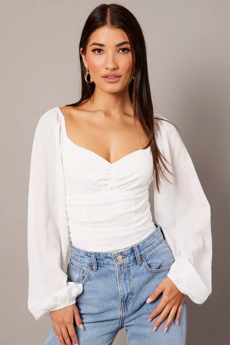 White Bodysuit Long Sleeve Ruched Textured sold by Ally Fashion product image thumbnail 3