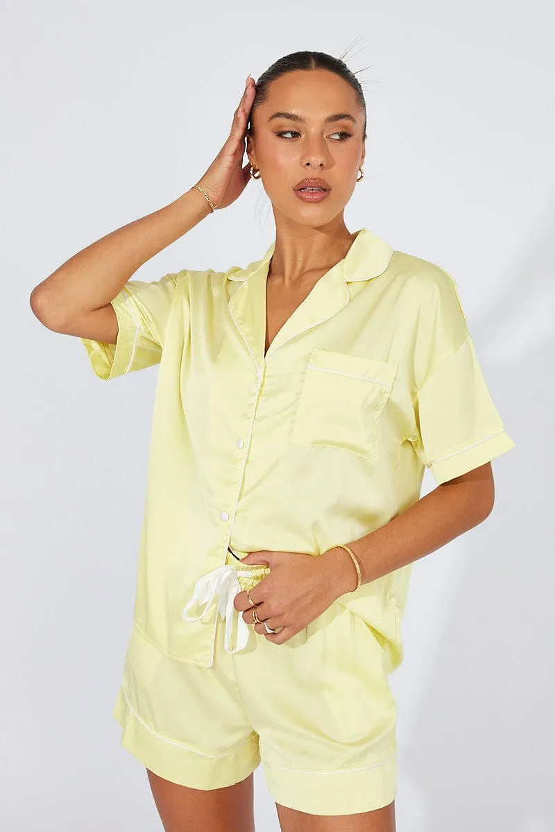 Yellow Pyjama Set Satin Short Sleeve Contrast Piping PJ sold by Ally Fashion product image thumbnail 3