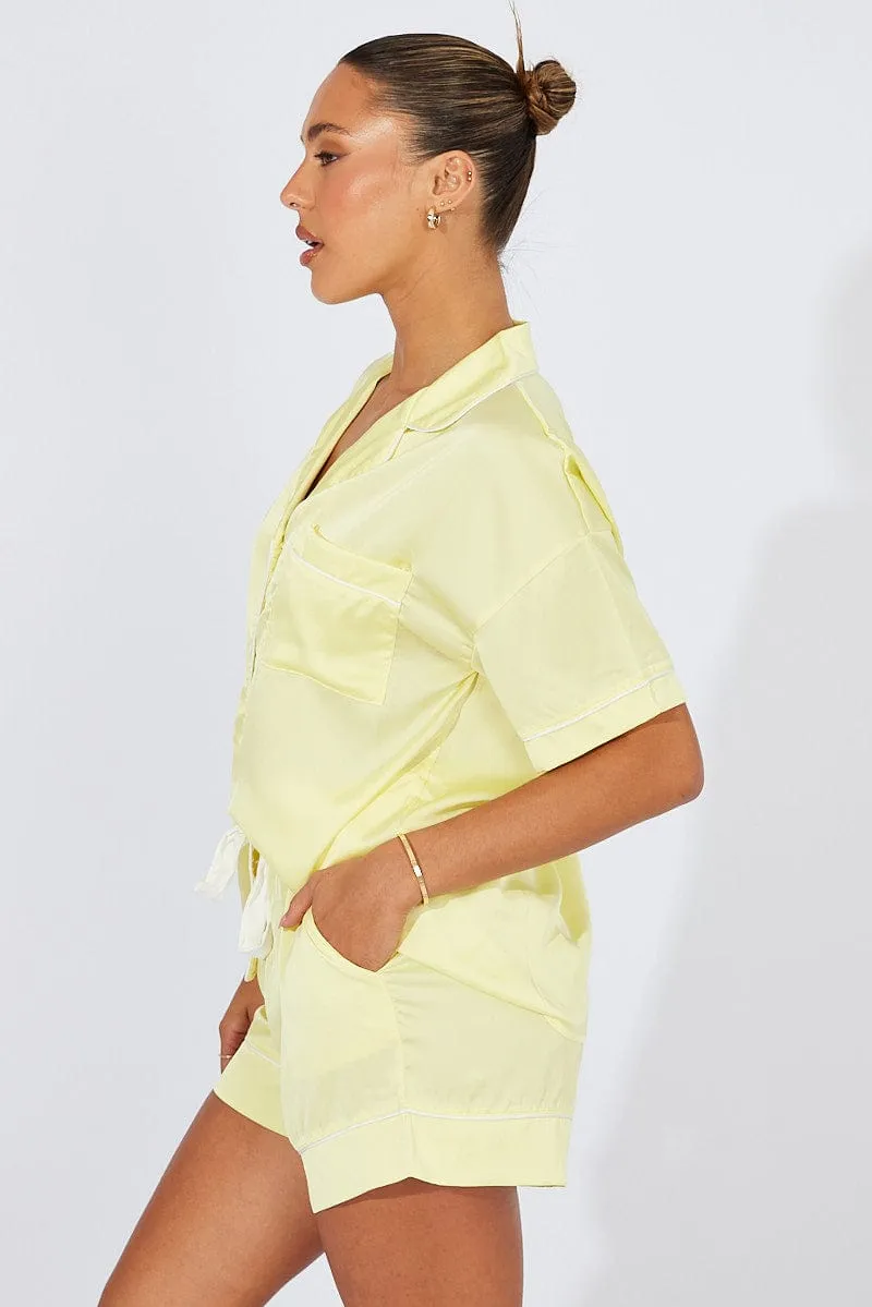 Yellow Pyjama Set Satin Short Sleeve Contrast Piping PJ sold by Ally Fashion product image thumbnail 4
