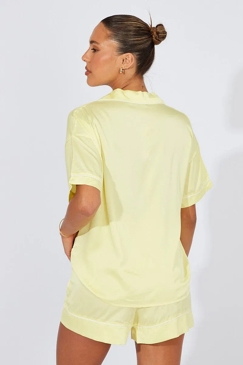 Yellow Pyjama Set Satin Short Sleeve Contrast Piping PJ sold by Ally Fashion product image thumbnail 5