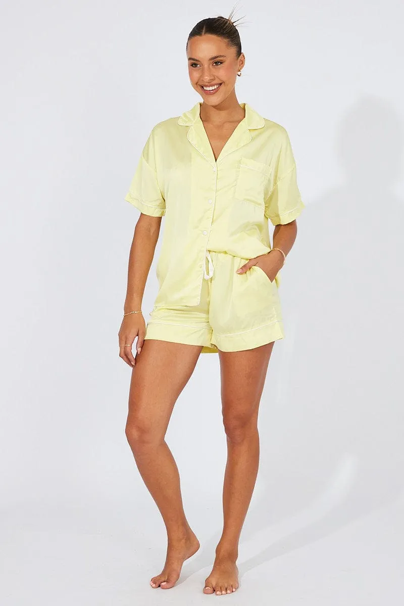 Yellow Pyjama Set Satin Short Sleeve Contrast Piping PJ sold by Ally Fashion product image thumbnail 2