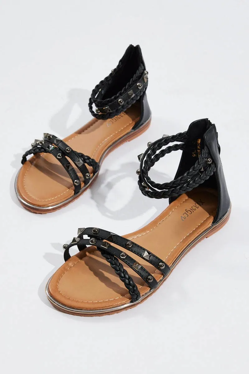 Black Flat Studded Sandals sold by Ally Fashion