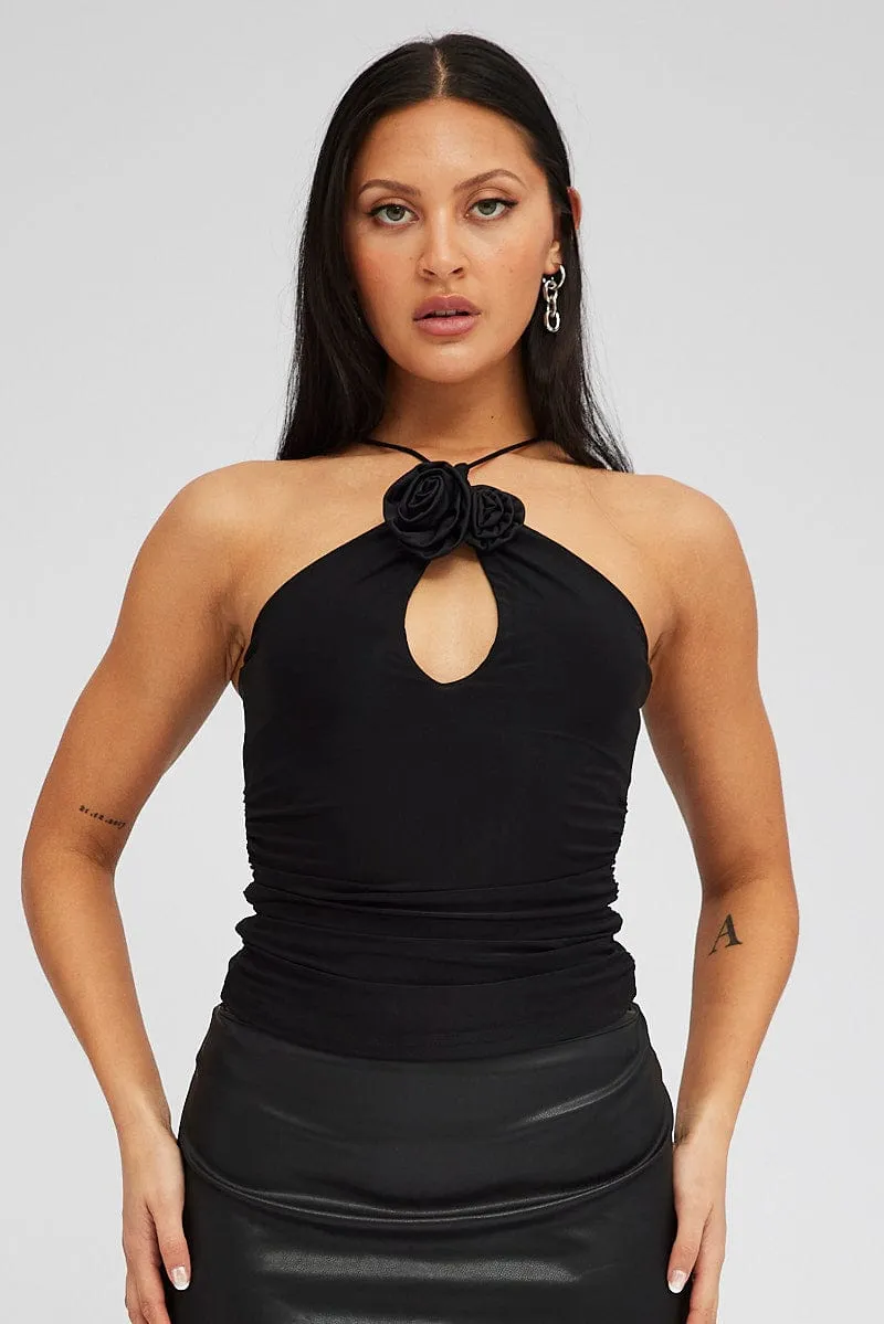 Black Rose Top Halter Neck Crossover Rosette Stretch sold by Ally Fashion product image thumbnail 3
