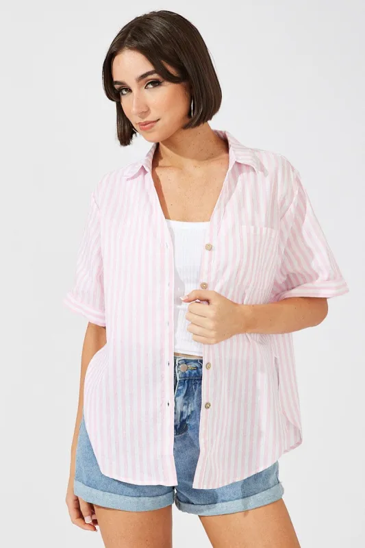 Pink Stripe Shirt Short Sleeve Collared Neck sold by Ally Fashion