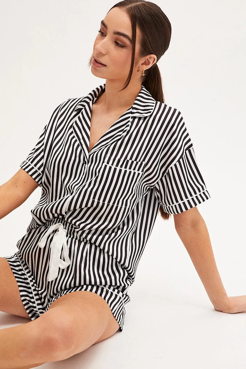 BLACK Pyjamas Set Short Sleeve Collared Shorts Satin sold by Ally Fashion