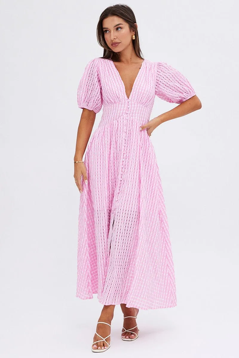 Pink Check Midi Dress Puff Sleeve V-Neck sold by Ally Fashion product image thumbnail 3
