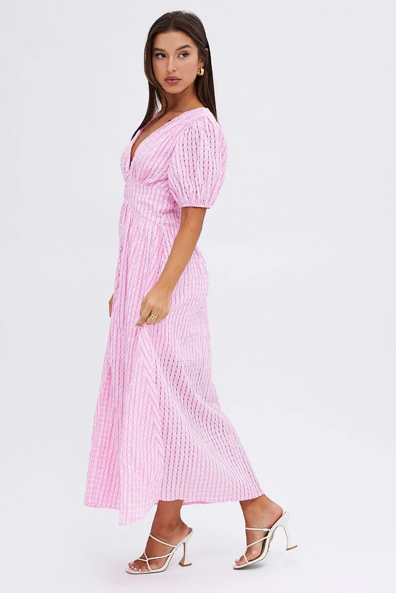 Pink Check Midi Dress Puff Sleeve V-Neck sold by Ally Fashion product image thumbnail 4