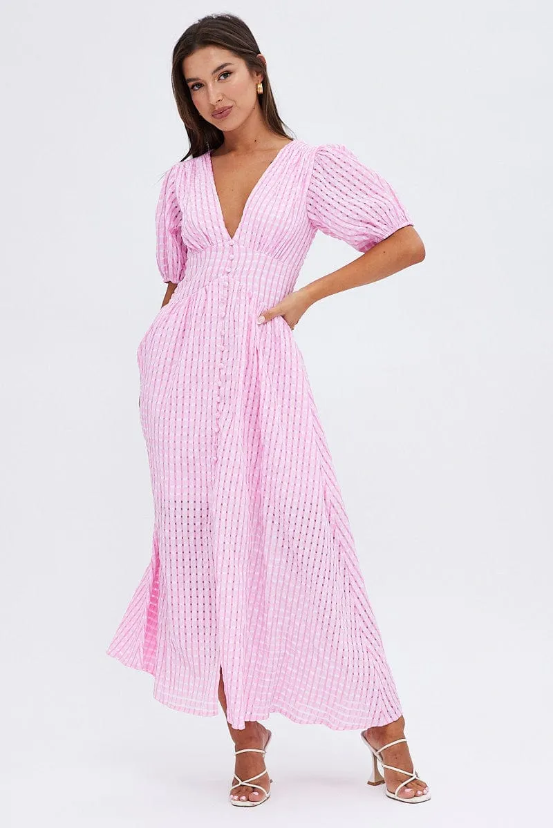 Pink Check Midi Dress Puff Sleeve V-Neck sold by Ally Fashion