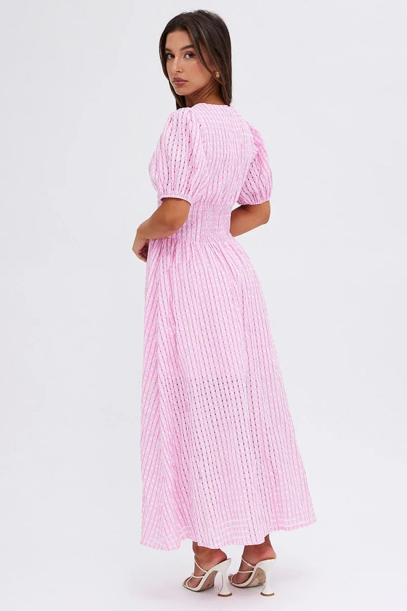 Pink Check Midi Dress Puff Sleeve V-Neck sold by Ally Fashion product image thumbnail 5