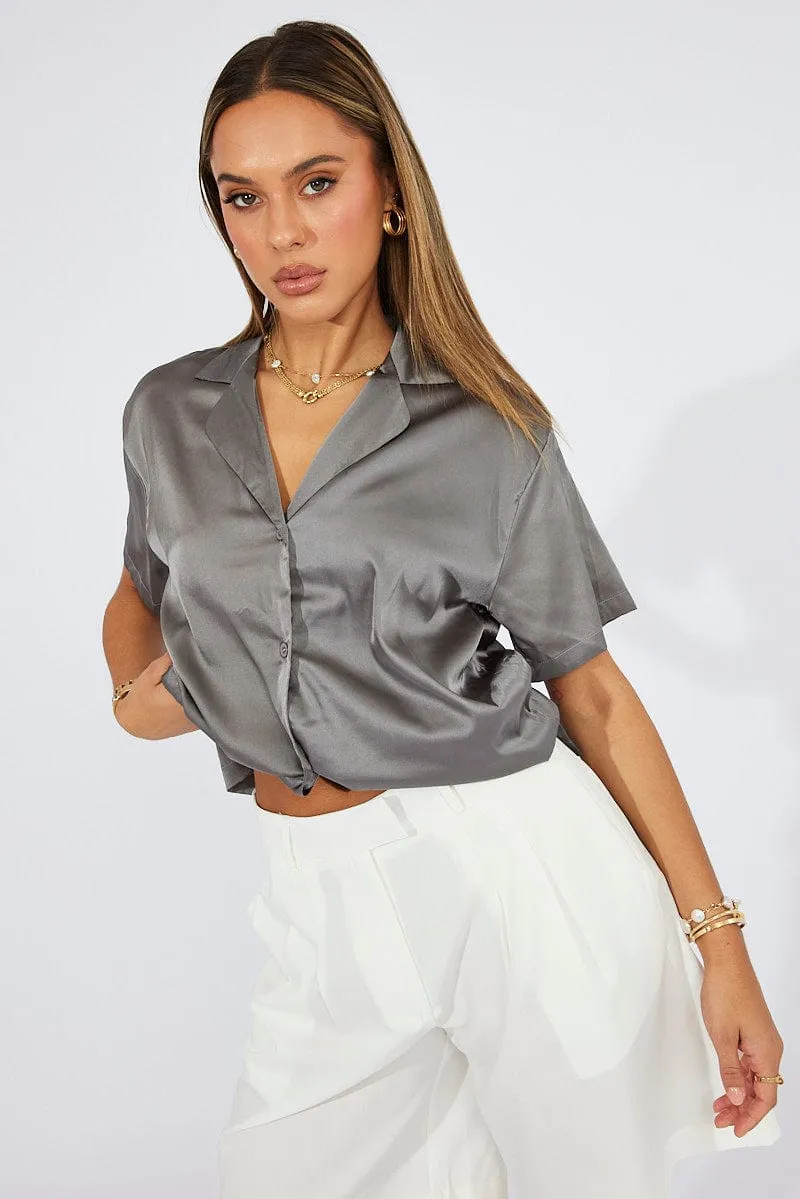 Grey Satin Shirt Short Sleeve sold by Ally Fashion