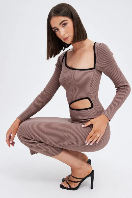 Brown Knit Dress Midi Long Sleeve Cut Out sold by Ally Fashion