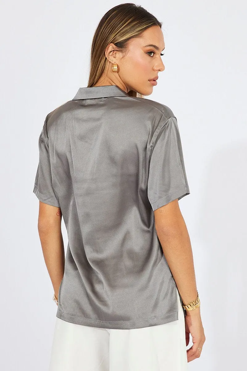 Grey Satin Shirt Short Sleeve sold by Ally Fashion product image thumbnail 5