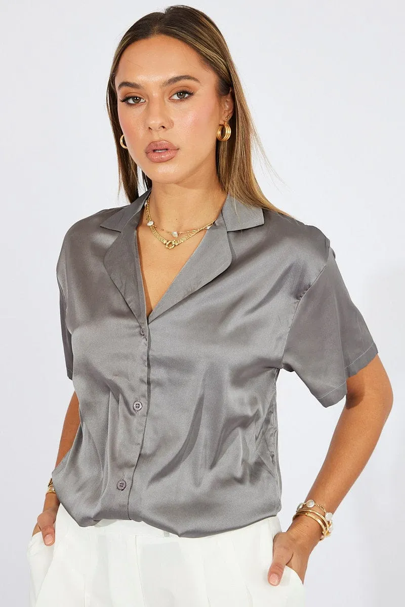 Grey Satin Shirt Short Sleeve sold by Ally Fashion product image thumbnail 3