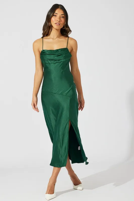 Green Satin Dress Cocktail Split Side Strappy sold by Ally Fashion