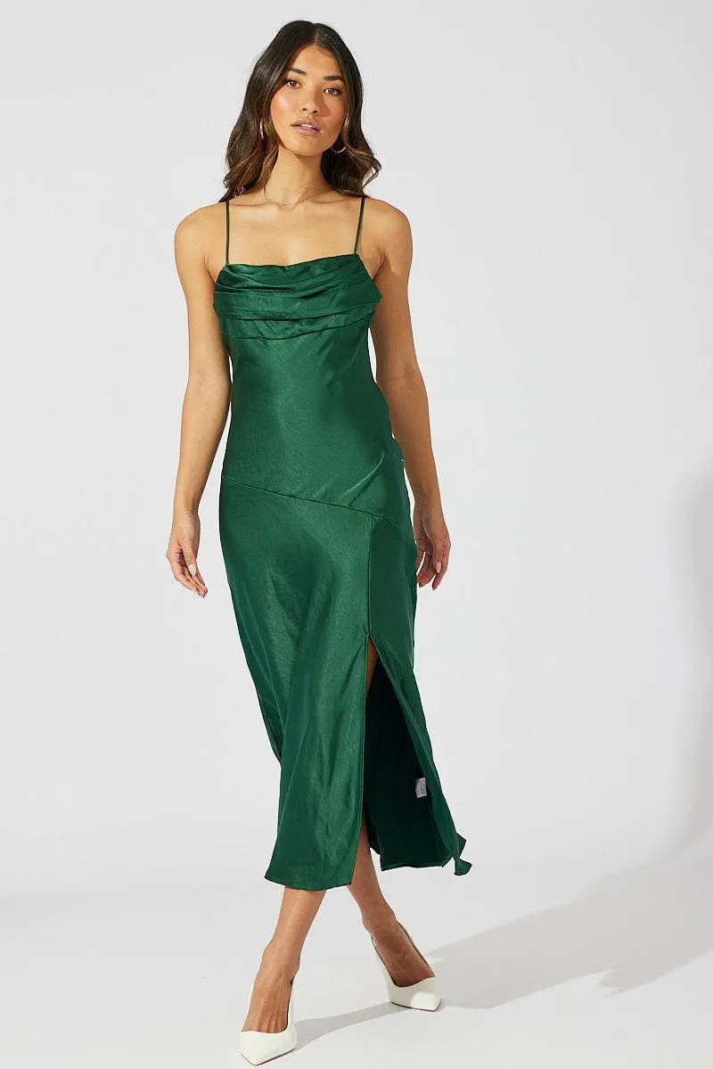 Green Satin Dress Cocktail Split Side Strappy sold by Ally Fashion