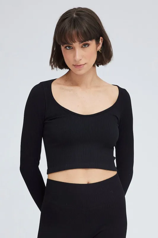 Black Top Long Sleeve Scoop Neck Seamless sold by Ally Fashion