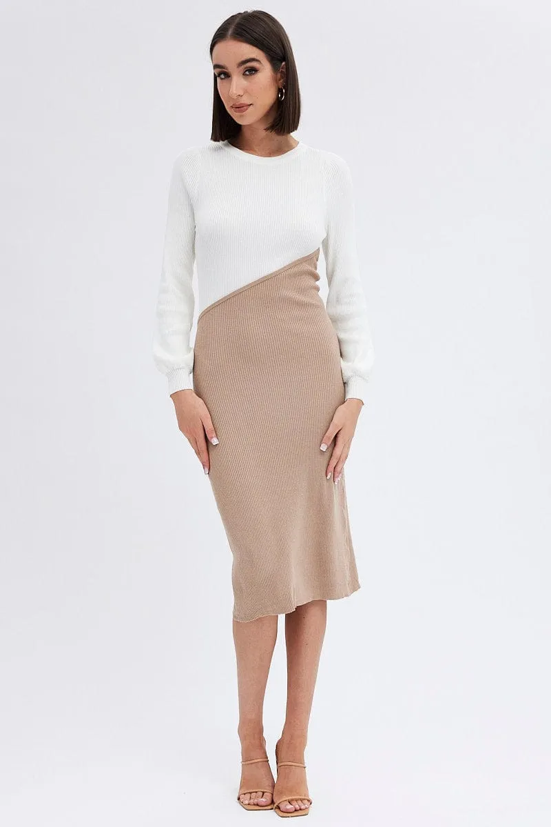 Beige Knit Dress Colour Block Midi sold by Ally Fashion product image thumbnail 3