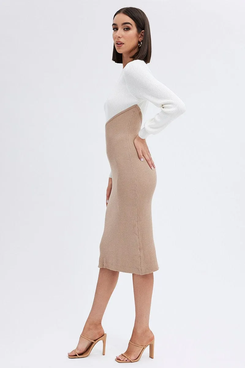 Beige Knit Dress Colour Block Midi sold by Ally Fashion product image thumbnail 4