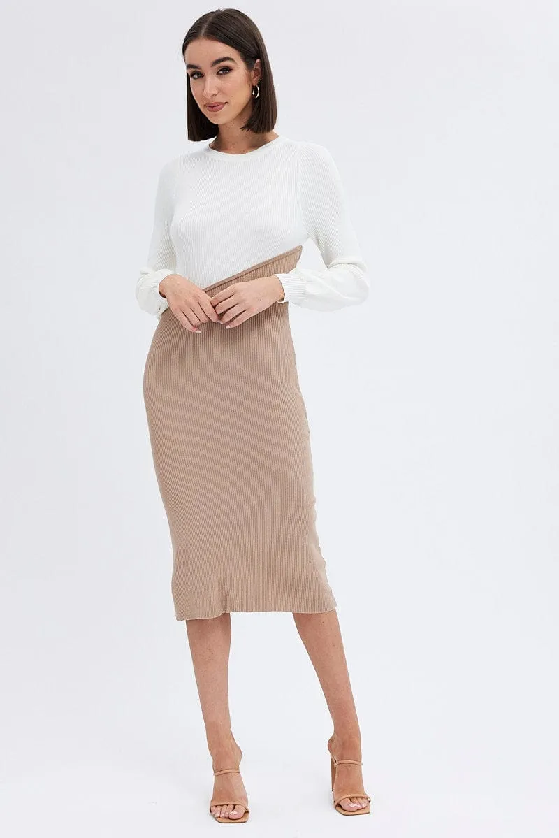 Beige Knit Dress Colour Block Midi sold by Ally Fashion