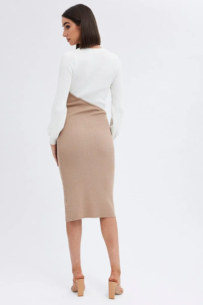 Beige Knit Dress Colour Block Midi sold by Ally Fashion product image thumbnail 5