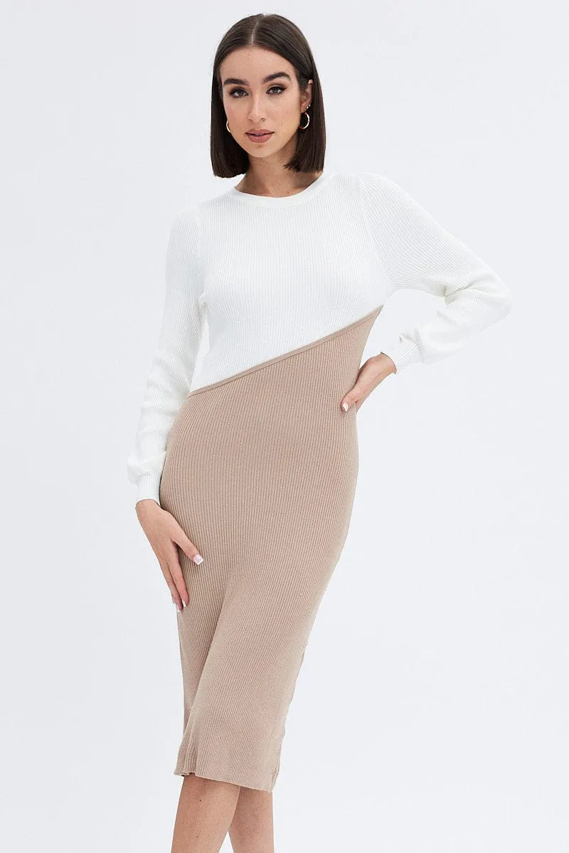 Beige Knit Dress Colour Block Midi sold by Ally Fashion product image thumbnail 2