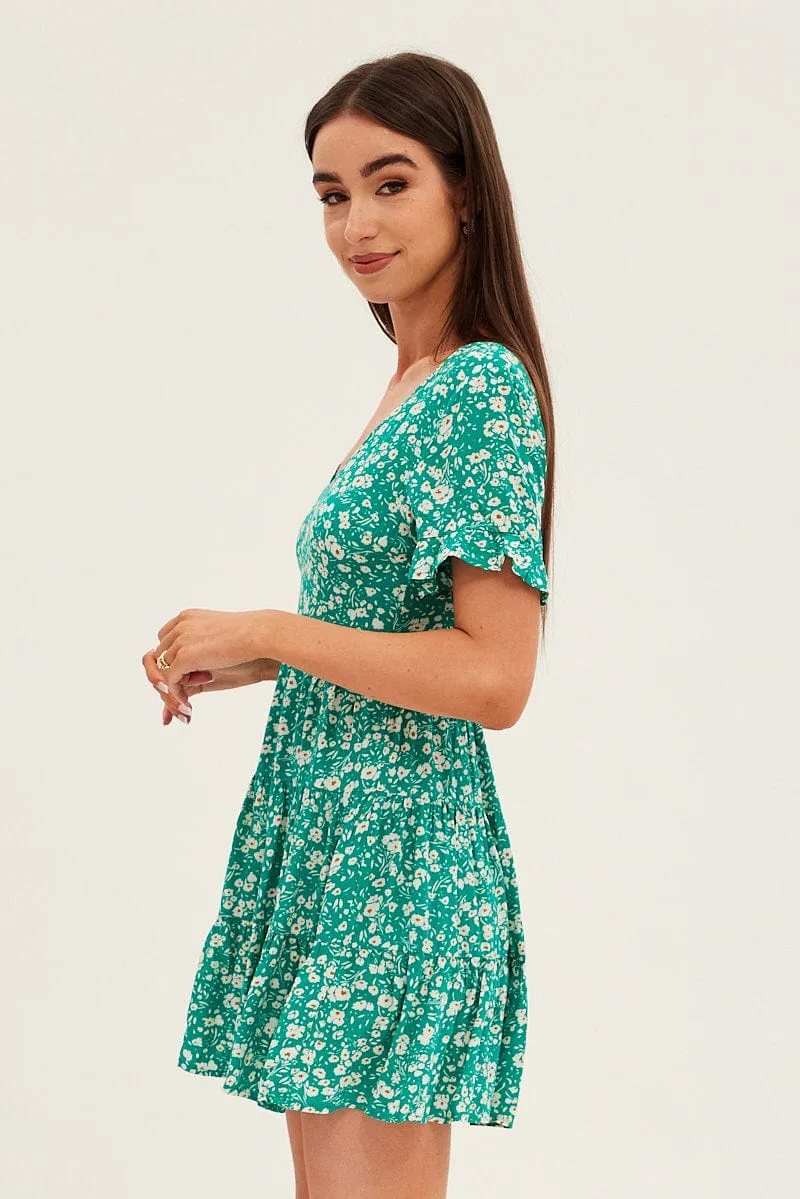 Floral Print Sun Dress Mini Short Sleeve V Neck sold by Ally Fashion product image thumbnail 4