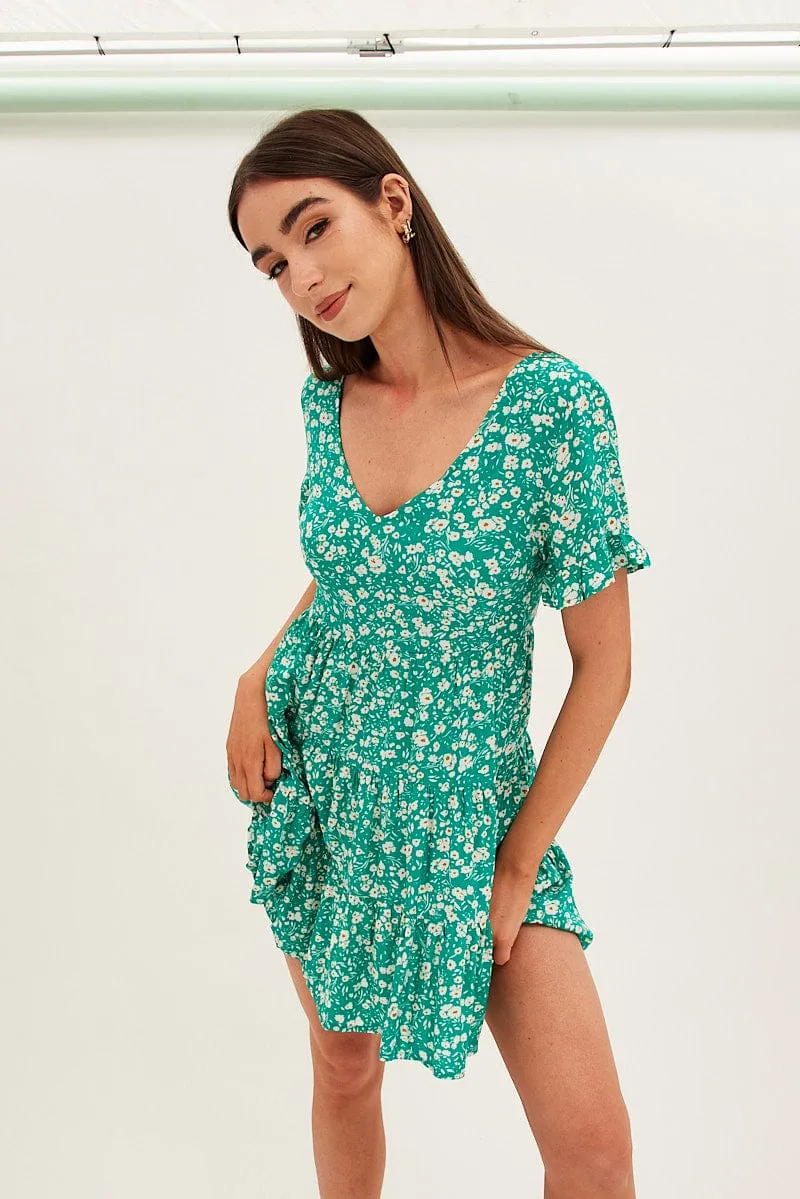 Floral Print Sun Dress Mini Short Sleeve V Neck sold by Ally Fashion