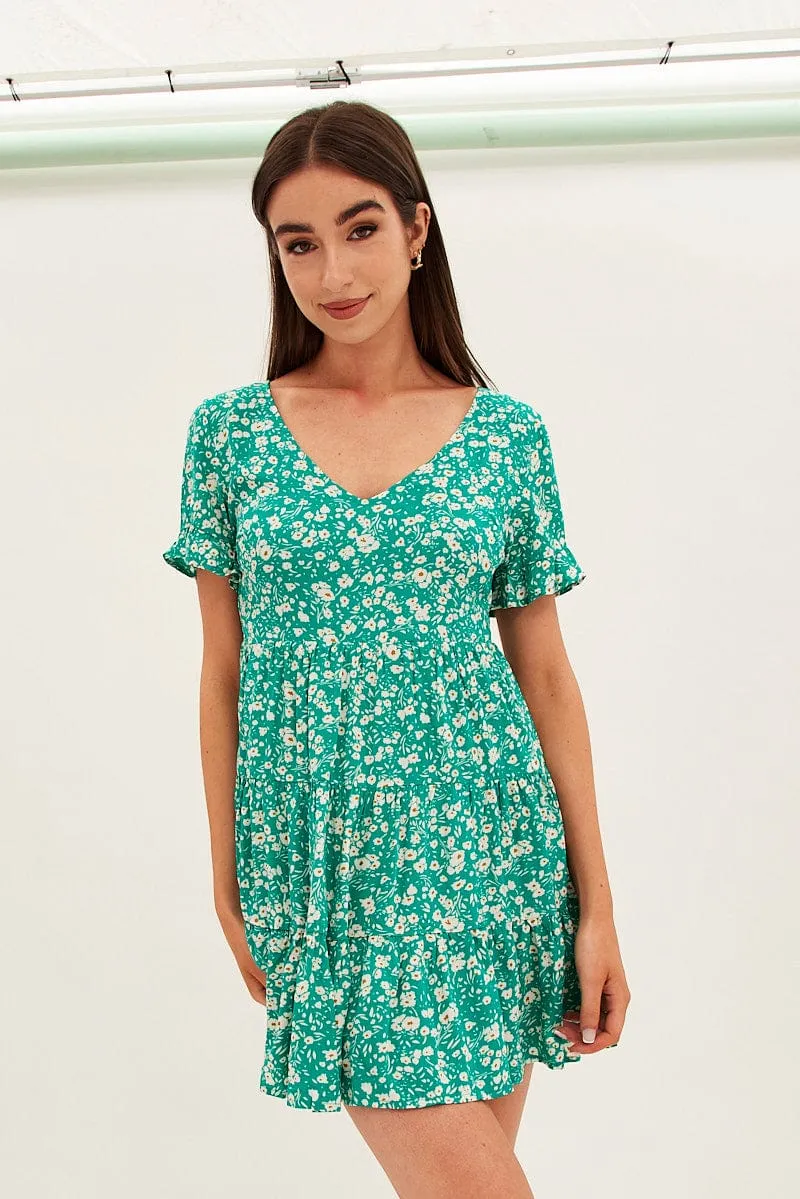 Floral Print Sun Dress Mini Short Sleeve V Neck sold by Ally Fashion product image thumbnail 3
