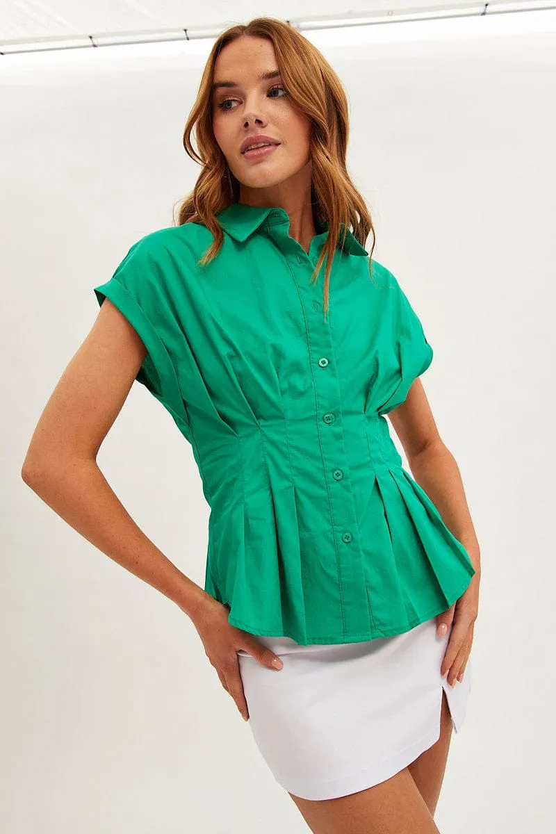 Green Shirt Short Sleeve Collared Gathered Bust sold by Ally Fashion