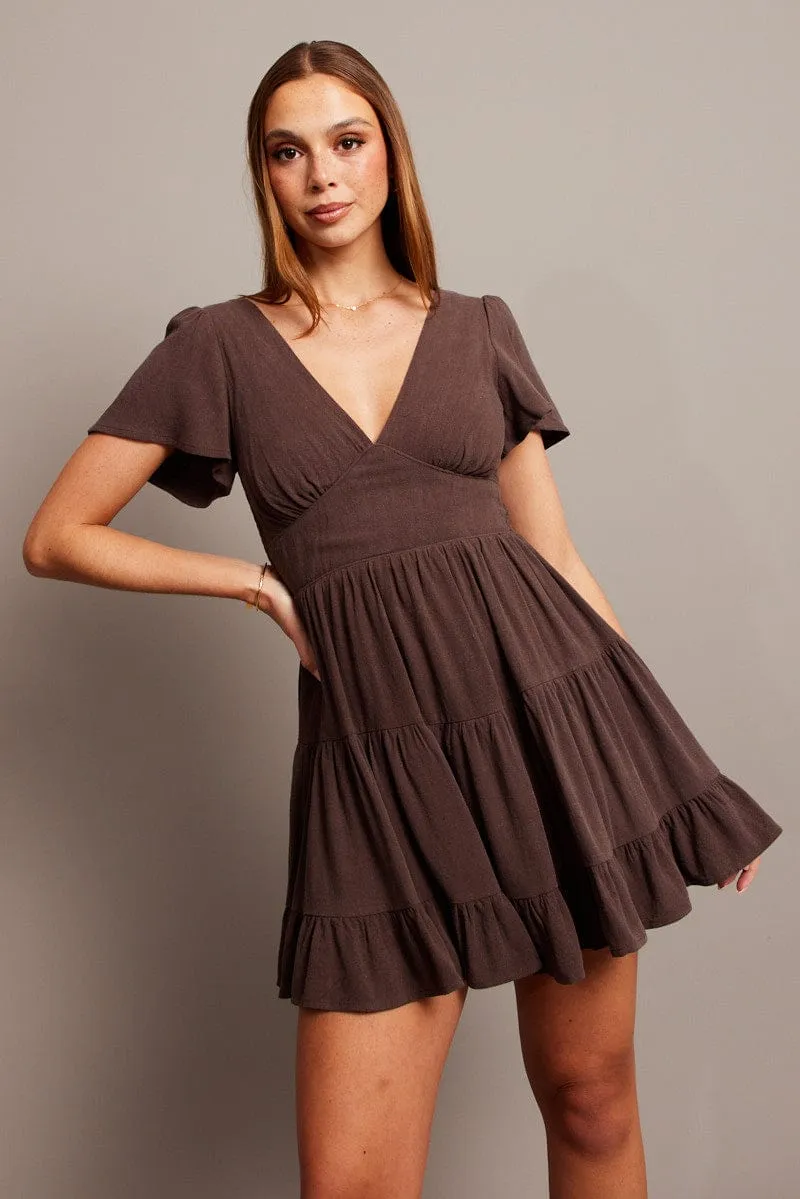 Brown Fit And Flare Dress V-neck Mini sold by Ally Fashion product image thumbnail 2