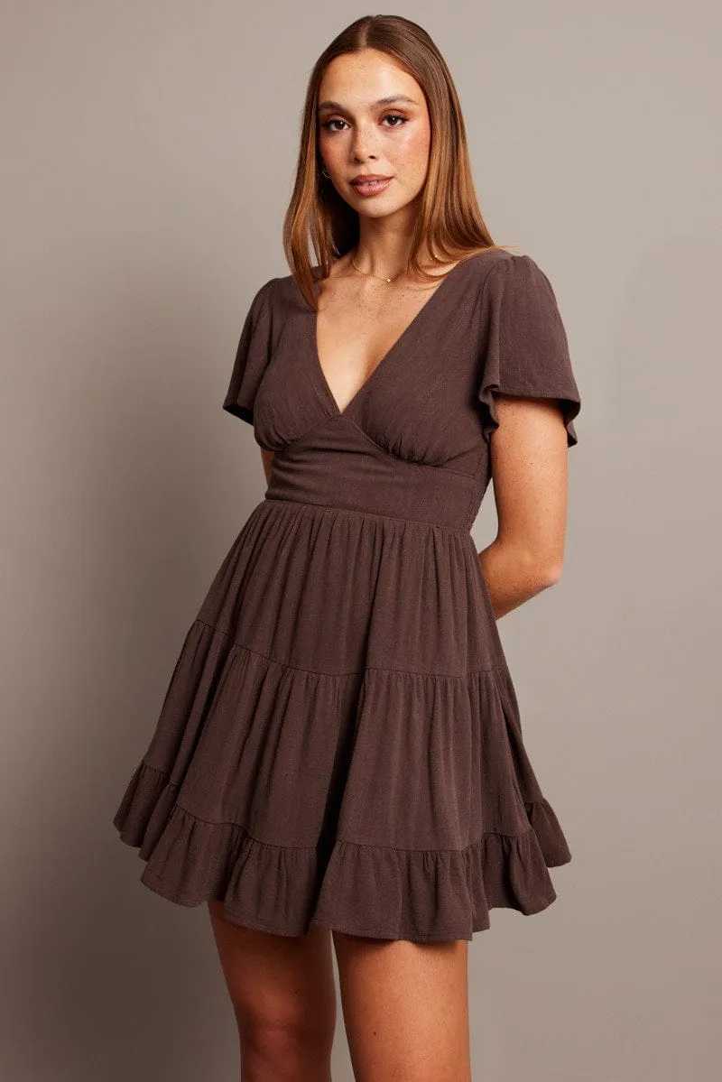 Brown Fit And Flare Dress V-neck Mini sold by Ally Fashion product image thumbnail 3