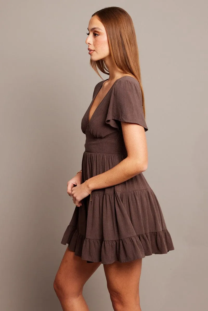 Brown Fit And Flare Dress V-neck Mini sold by Ally Fashion product image thumbnail 4