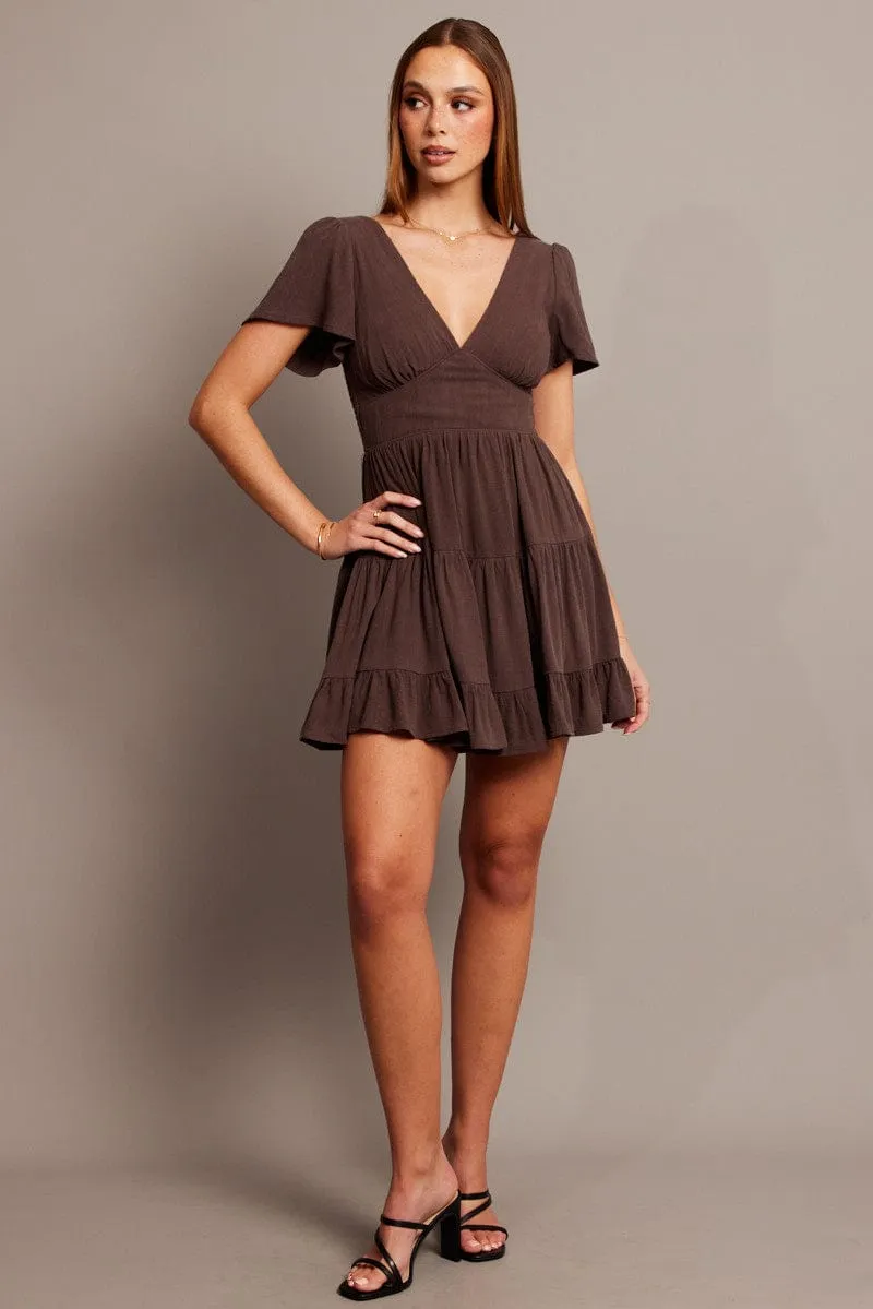 Brown Fit And Flare Dress V-neck Mini sold by Ally Fashion