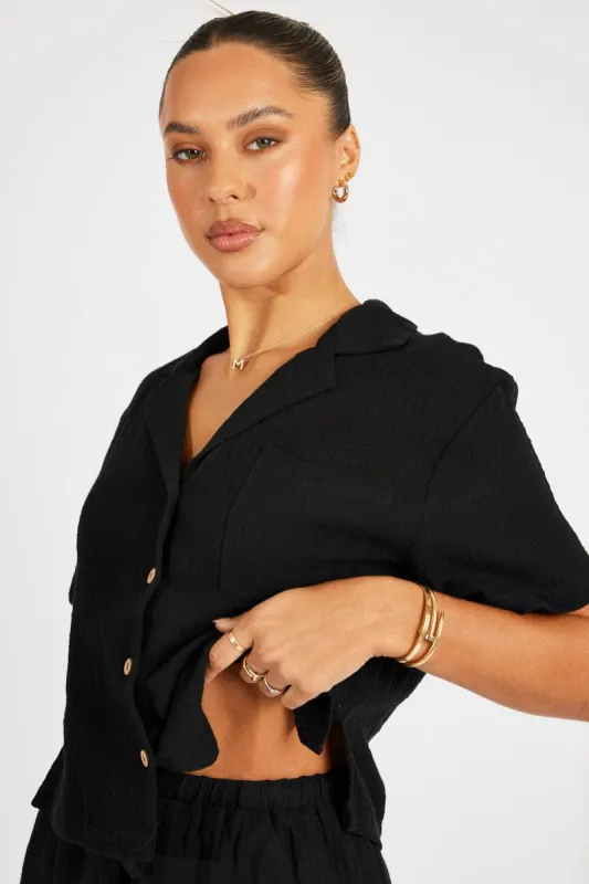 Black Crop Shirt Short Sleeve sold by Ally Fashion