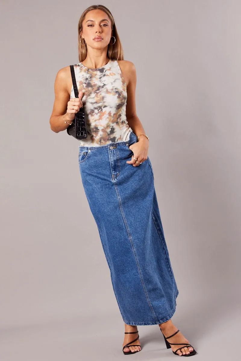 Denim Maxi Skirt High Rise A-line Raw Edge Denim sold by Ally Fashion