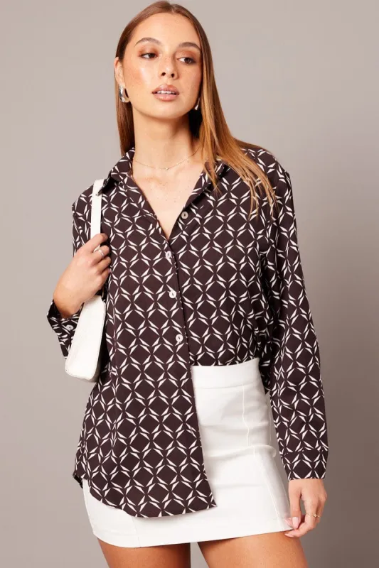 Brown Geo Relaxed Shirt Long Sleeve sold by Ally Fashion